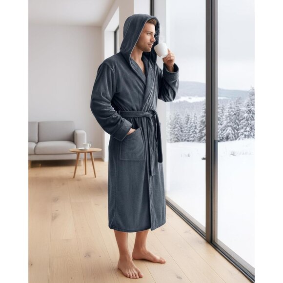 Mens Robe with Hood Luxury Plush Fleece Hooded Bathrobe Spa Bath Robe for Men - Picture 5 of 7